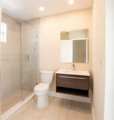 Bathroom, Glass Shower, Interior, Recessed Lighting, Wood Texture Flooring
