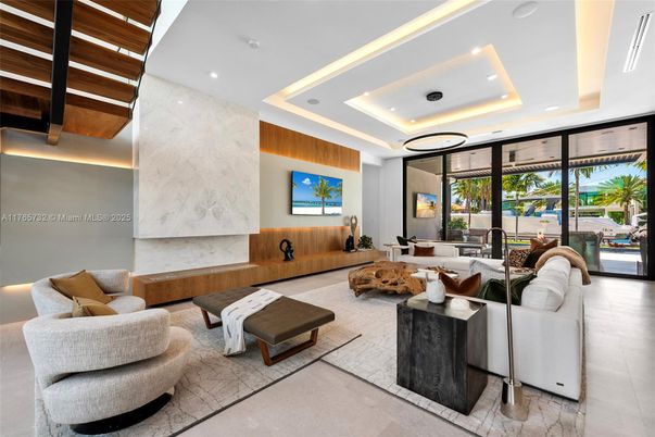 Fireplace, Interior, Living room, Marble Walls, Recessed Lighting