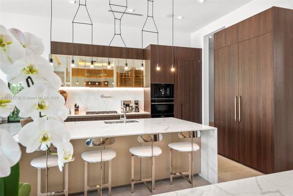 Interior, Kitchen, Marble, Pendant Lights, Recessed Lighting, Stainless Steel Appliances