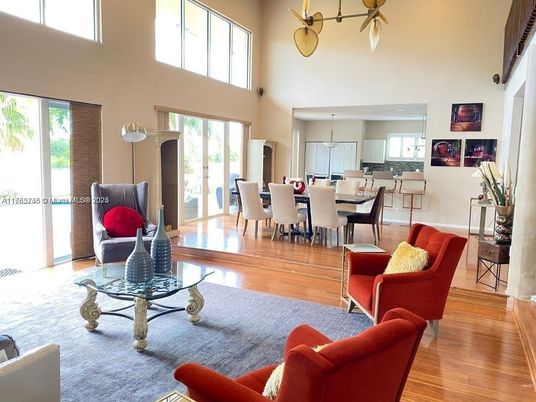 Dining room, Interior, Living room, Pendant Lights, Wood Texture Flooring
