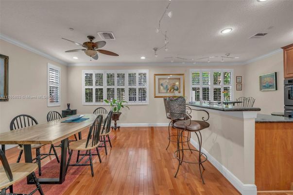 Dining room, Interior, Recessed Lighting, Wood Texture Flooring