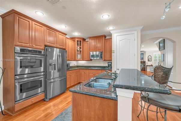 Interior, Kitchen, Recessed Lighting, Stainless Steel Appliances, Wood Texture Flooring