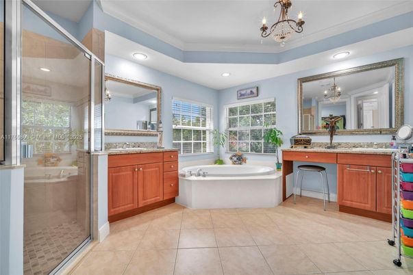 Bathroom, Chandelier, Dual Sink Vanities, Glass Shower, Interior, Recessed Lighting