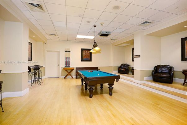 Billiard Table, Game Room, Interior, Pendant Lights, Recessed Lighting, Wood Texture Flooring