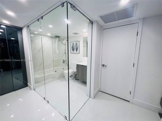 Bathroom, Glass Shower, Interior, Marble Walls, Recessed Lighting