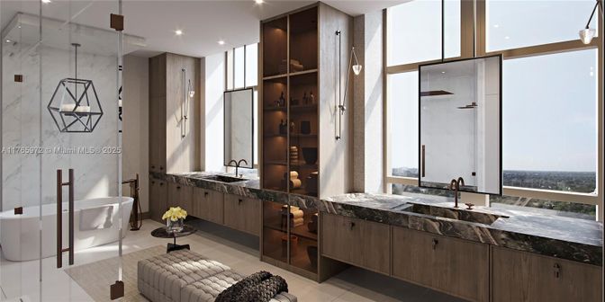Bathroom, Dual Sink Vanities, Free Standing Baths, Interior, Marble Walls, Pendant Lights, Recessed Lighting