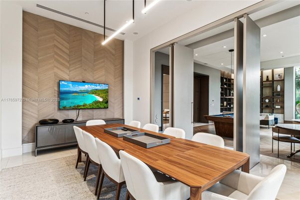 Dining room, Interior, Pendant Lights, Recessed Lighting, Wooden Walls