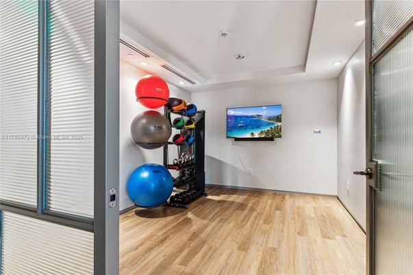 Fitness Equipment, Interior, Recessed Lighting, Wood Texture Flooring