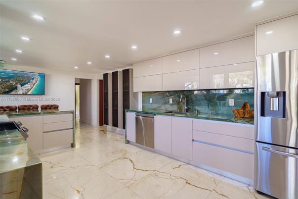 Interior, Kitchen, Marble, Recessed Lighting, Stainless Steel Appliances