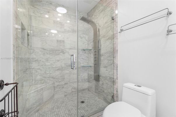 Bathroom, Glass Shower, Interior, Marble Walls, Recessed Lighting