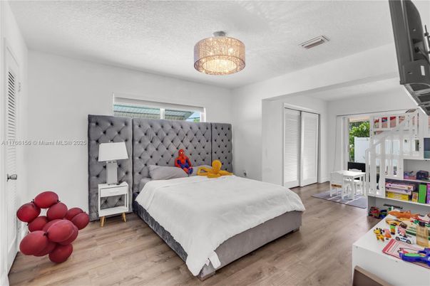 Bedroom, Chandelier, Interior, Wood Texture Flooring