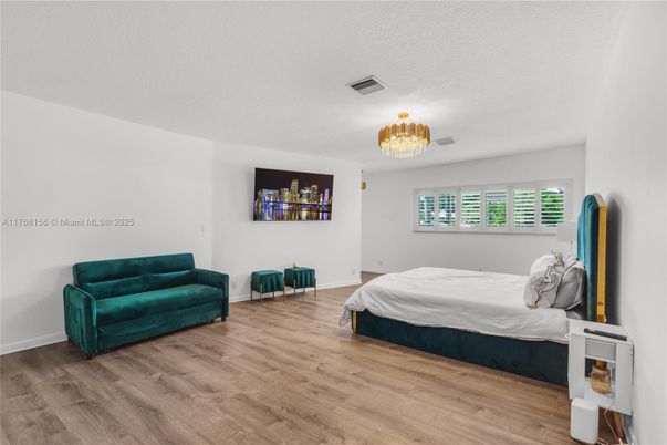 Bedroom, Chandelier, Interior, Wood Texture Flooring