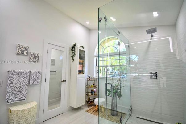 Bathroom, Glass Shower, Interior, Recessed Lighting, Wood Texture Flooring