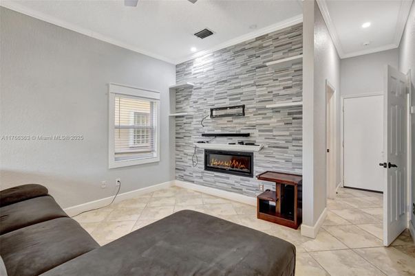 Fireplace, Interior, Recessed Lighting, Stone Walls