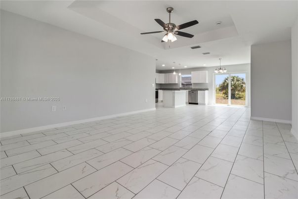 Empty room, Interior, Kitchen, Marble, Pendant Lights, Recessed Lighting, Stainless Steel Appliances