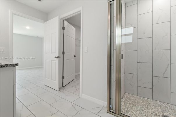 Bathroom, Glass Shower, Interior, Marble, Marble Walls, Recessed Lighting