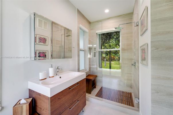 Bathroom, Glass Shower, Interior, Recessed Lighting, Wood Texture Flooring