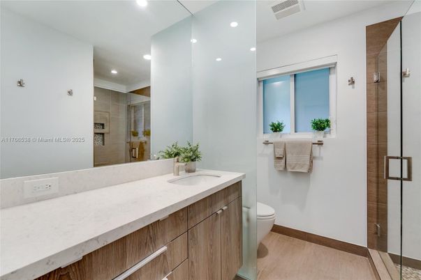 Bathroom, Glass Shower, Interior, Recessed Lighting, Wood Texture Flooring