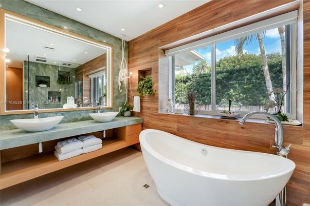 Bathroom, Dual Sink Vanities, Free Standing Baths, Interior, Recessed Lighting, Wooden Walls