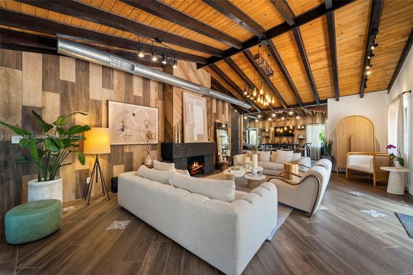 Chandelier, Fireplace, Interior, Living room, Pendant Lights, Wooden Beams, Wooden Ceilings, Wood Texture Flooring, Wooden Walls