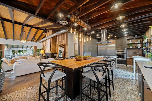 Dining room, Interior, Kitchen, Living room, Pendant Lights, Stainless Steel Appliances, Wooden Beams, Wooden Ceilings, Wood Texture Flooring