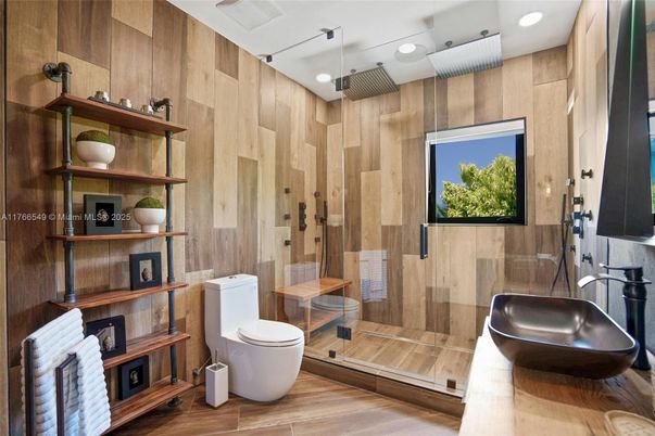 Bathroom, Glass Shower, Interior, Recessed Lighting, Wood Texture Flooring, Wooden Walls