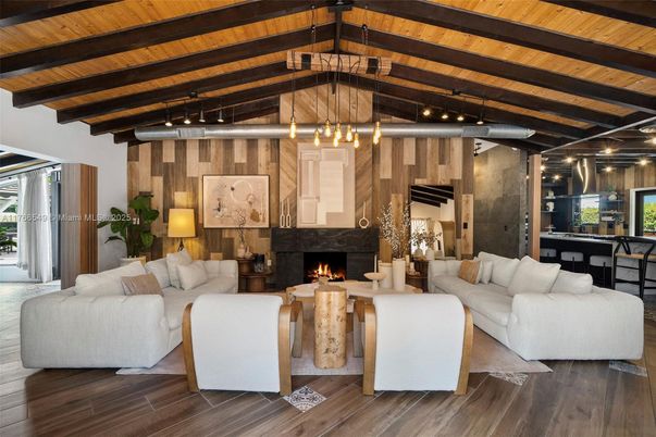 Fireplace, Interior, Living room, Pendant Lights, Wooden Beams, Wooden Ceilings, Wood Texture Flooring, Wooden Walls