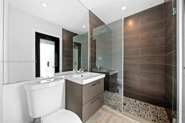 Bathroom, Glass Shower, Interior, Recessed Lighting, Wood Texture Flooring