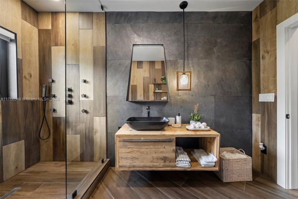 Bathroom, Glass Shower, Interior, Wood Texture Flooring