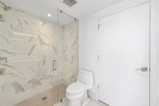 Bathroom, Glass Shower, Interior, Marble, Marble Walls, Recessed Lighting