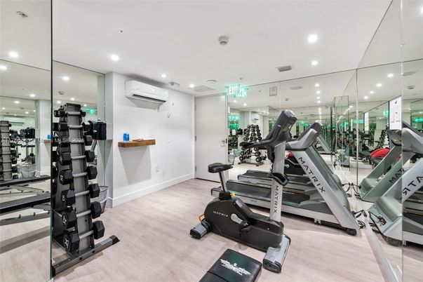 Fitness Equipment, Gym, Interior, Recessed Lighting, Wood Texture Flooring