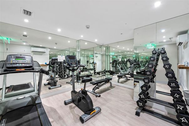 Fitness Equipment, Gym, Interior, Recessed Lighting, Wood Texture Flooring