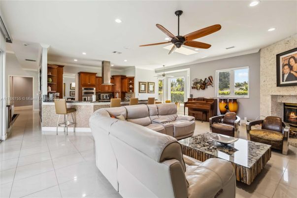Dining room, Fireplace, Interior, Kitchen, Living room, Recessed Lighting, Stainless Steel Appliances