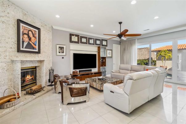 Fireplace, Interior, Living room, Recessed Lighting, Stone Walls