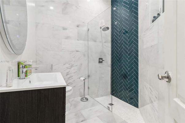 Bathroom, Glass Shower, Interior, Marble Walls, Recessed Lighting