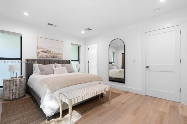 Bedroom, Interior, Recessed Lighting, Wood Texture Flooring