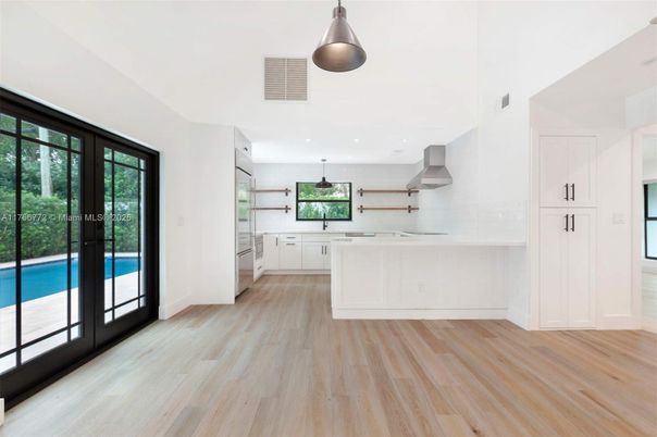 Interior, Kitchen, Pendant Lights, Recessed Lighting, Stainless Steel Appliances, Wood Texture Flooring