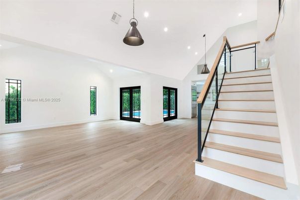 Empty room, Interior, Pendant Lights, Recessed Lighting, Wood Texture Flooring