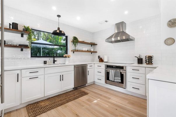 Interior, Kitchen, Pendant Lights, Recessed Lighting, Stainless Steel Appliances, Wood Texture Flooring