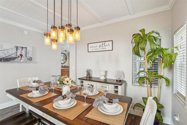 Dining room, Interior, Pendant Lights, Wood Texture Flooring