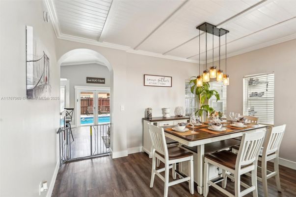 Dining room, Interior, Pendant Lights, Wood Texture Flooring