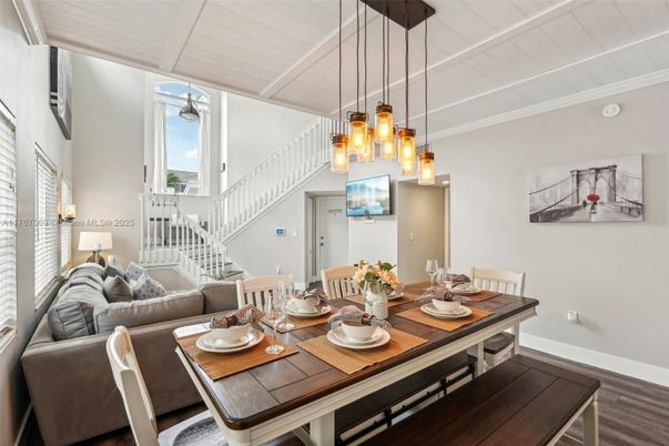 Dining room, Interior, Living room, Pendant Lights, Wood Texture Flooring