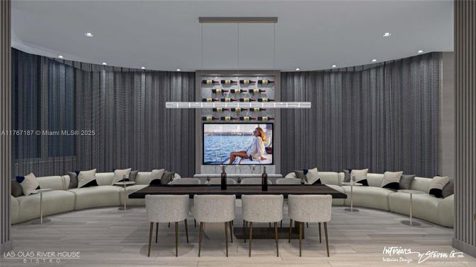 Dining room, Interior, Living room, Pendant Lights, Recessed Lighting, Wood Texture Flooring