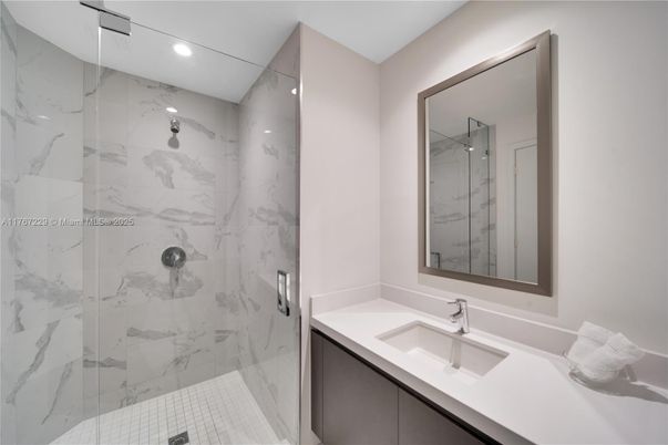 Bathroom, Glass Shower, Interior, Marble Walls, Recessed Lighting