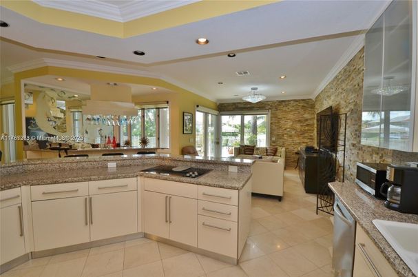 Dining room, Interior, Kitchen, Living room, Recessed Lighting, Stone Walls