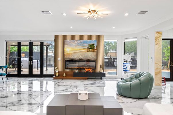 Fireplace, Interior, Living room, Marble, Recessed Lighting