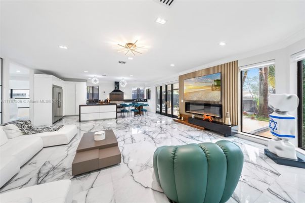 Dining room, Fireplace, Interior, Kitchen, Living room, Marble, Recessed Lighting