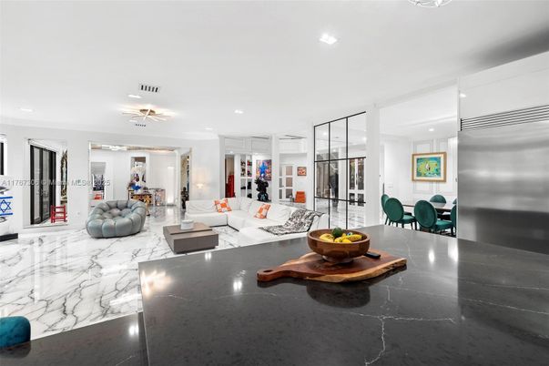 Dining room, Interior, Kitchen, Living room, Marble, Recessed Lighting, Stainless Steel Appliances