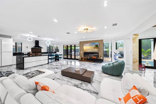Dining room, Fireplace, Interior, Kitchen, Living room, Marble, Recessed Lighting