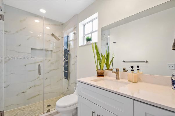 Bathroom, Glass Shower, Interior, Marble Walls, Recessed Lighting